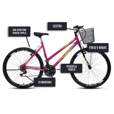 Bicicleta Colli Cazelle Allegra Aro 26 Freio V-Brake Quadro 18 Rosa Neon