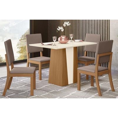 Conjunto Mesa De Cozinha Orus Com Tampo Madeirado 120x80cm E 4 Cadeiras Milla Nature Off White Suede Marrom Henn