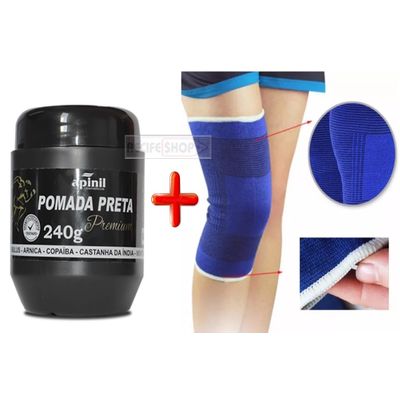 Pomada Preta Pote 250g + Joelheira Ortopedica Azul Elastica