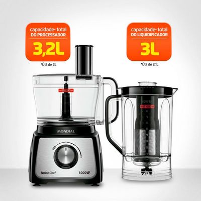 Multiprocessador de Alimentos Mondial Turbo Chef 9 em 1 MPN-01-BF com 2 Velocidades + Pulsar 1000 W Preto com Inox / 110V