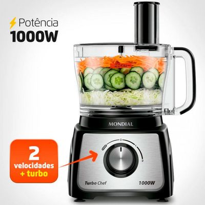 Multiprocessador de Alimentos Mondial Turbo Chef 9 em 1 MPN-01-BF com 2 Velocidades + Pulsar 1000 W Preto com Inox / 110V