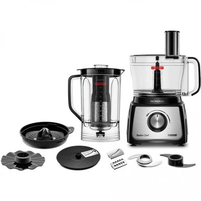 Multiprocessador de Alimentos Mondial Turbo Chef 9 em 1 MPN-01-BF com 2 Velocidades + Pulsar 1000 W Preto com Inox / 110V