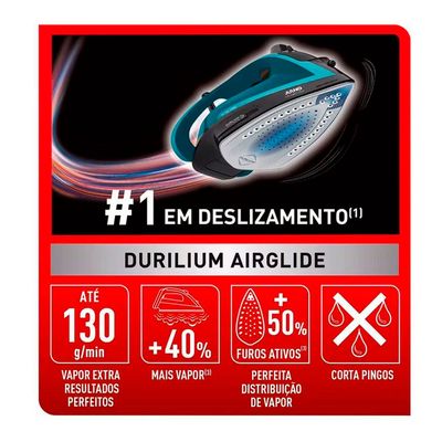 Ferro de Passar a Vapor Arno Ultragliss Durilium Plus FMY com Spray e Base Antiaderente Azul / 220V