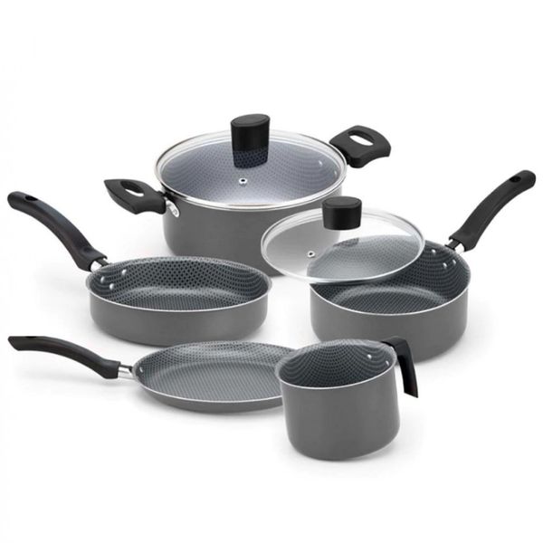 Conjunto de Panelas 5 Peças Alegrete Basic em Alumínio com Revestimento Antiaderente e Tampa de Vidro com Saída de Vapor Cinza Conjunto de Panelas 5 Peças Alegrete Basic em Alumínio com Revestimento Antiaderente e Tampa de Vidro com Saída de Vapor Cinza