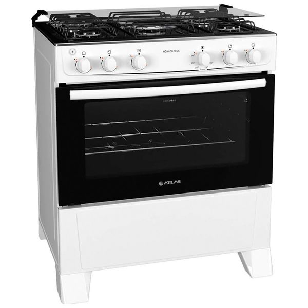 Fogão 5 Bocas Mônaco Plus Branco com Mesa de Inox Atlas Branco / Bivolt Fogão 5 Bocas Mônaco Plus Branco com Mesa de Inox Atlas Branco / Bivolt