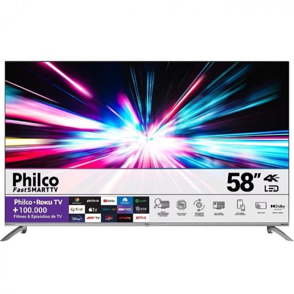 Smart TV LED 58 Polegadas 4K Philco PTV58G7UR2CSBL Roku TV, Dolby Audio, HDR10, App Mobile, Borda Infinita Prata Smart TV LED 58 Polegadas 4K Philco PTV58G7UR2CSBL Roku TV, Dolby Audio, HDR10, App Mobile, Borda Infinita Prata