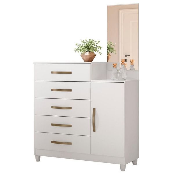 Cômoda Moval Lisboa 5 Gavetas 1 Porta e Espelho Branco Cômoda Moval Lisboa 5 Gavetas 1 Porta e Espelho Branco