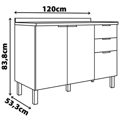 Balcão Universal com 1 Pia 2 Portas e 3 Gavetas 120cm de largura Bartira Grafite