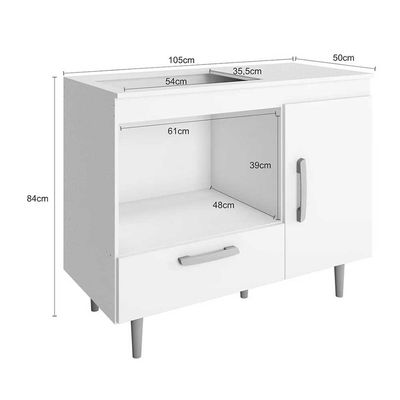 Balcão para Cooktop 4 Bocas Poliman Alecrim com Nicho para Micro-ondas, 1 Porta, 1 Gaveta e 1 Prateleira Branco