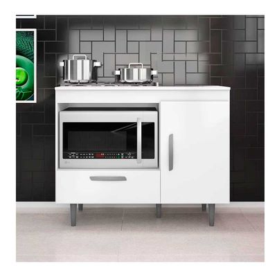 Balcão para Cooktop 4 Bocas Poliman Alecrim com Nicho para Micro-ondas, 1 Porta, 1 Gaveta e 1 Prateleira Branco