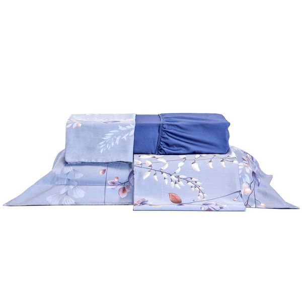 Jogo de Cama Queen Size Plumasul Urbam Garden Branches Cetim 400 fios com 4 Peças Azul Claro