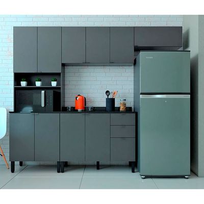 Cozinha Completa Bartira Joy com 11 Portas 2 Gavetas 5 Prateleiras e Nicho para Micro-ondas 244,5cm Grafite