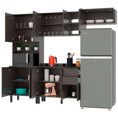 Cozinha Completa Bartira Joy com 11 Portas 2 Gavetas 5 Prateleiras e Nicho para Micro-ondas 244,5cm Grafite