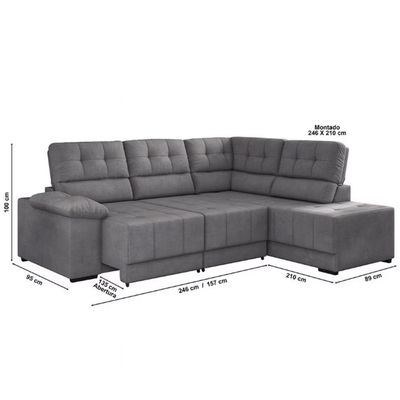 Sofá de Canto 5 Lugares Firenze Retrátil e Reclinável e Revestido em Suede Veludo Besthouse Cinza