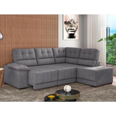 Sofá de Canto 5 Lugares Firenze Retrátil e Reclinável e Revestido em Suede Veludo Besthouse Cinza