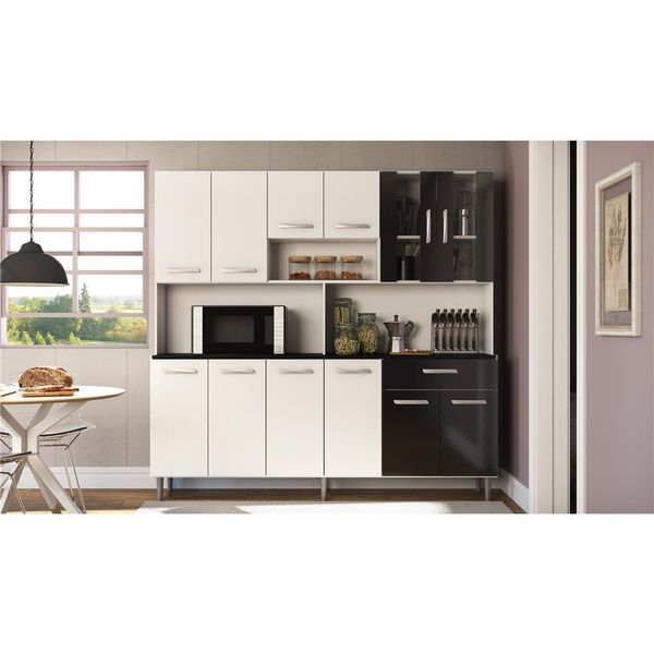 Cozinha Compacta Poliman Móveis Clara com 12 Portas e 1 Gaveta Branco com Preto Cozinha Compacta Poliman Móveis Clara com 12 Portas e 1 Gaveta Branco com Preto