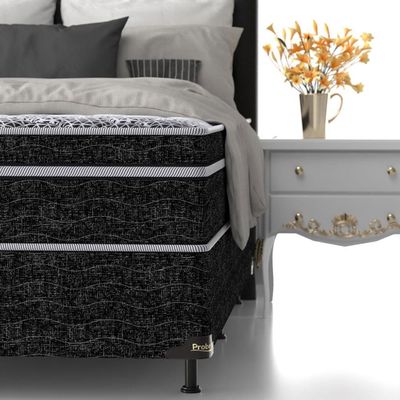 Cama Box Queen Size Probel Village D28 com Molas Pocket e Pillow Euro 68x158x198cm Branco com Preto