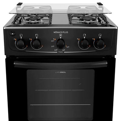 Fogão 4 Bocas Mônaco Plus Preto com Mesa de Inox Atlas Preto / Bivolt