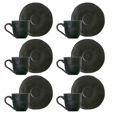 Conjunto com 6 Xícaras e Pires para Café Porto Brasil Carbon em Stoneware - 120 ml Preto