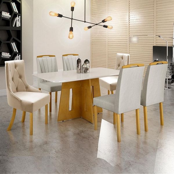Mesa de Jantar Dasala Paloma com 4 Cadeiras Paloma e 2 Cadeiras Megam em Veludo Bege Mesa de Jantar Dasala Paloma com 4 Cadeiras Paloma e 2 Cadeiras Megam em Veludo Bege