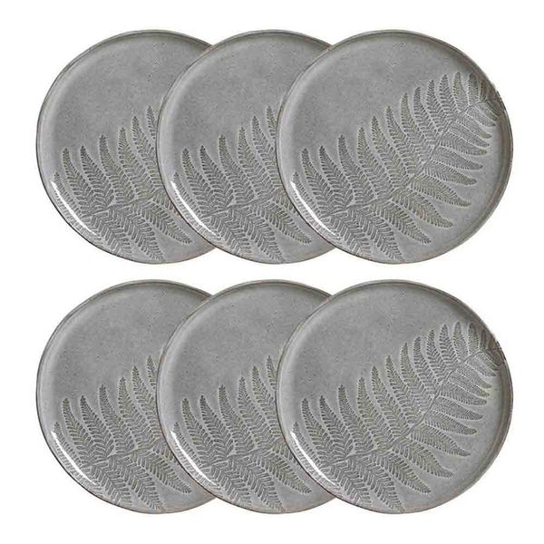 Conjunto com 6 Pratos Rasos Porto Brasil Floema em Cerâmica Stoneware 27,5 cm Cinza