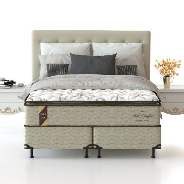 Cama Box King Size Fort Comfort com Pillow Top e Molas Prolastic 72x193x203cm Probel Branco com Bege