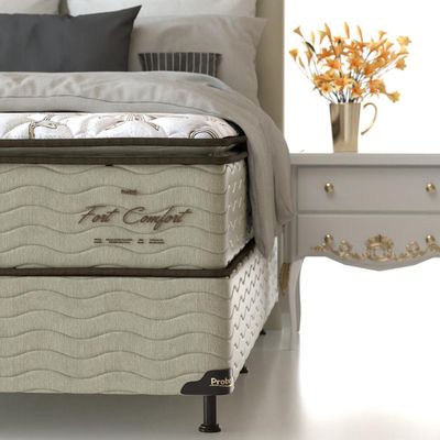 Cama Box King Size Fort Comfort com Pillow Top e Molas Prolastic 72x193x203cm Probel Branco com Bege