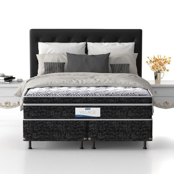 Cama Box King Size Probel Village D28 com Molas Pocket e Pillow Euro 68x193x203cm Branco com Preto