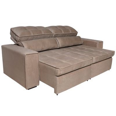 Sofá 4 Lugares Luizzi Bugatti II com Assento Retrátil Encosto Reclinável e Tecido Veludo Plush Cappuccino