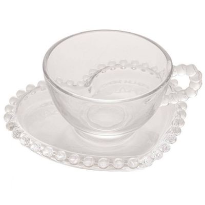 Conjunto com 4 Xícaras e Pires para Chá Wolff Pearl Coração em Cristal 180 ml Transparente
