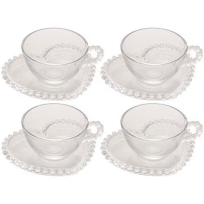 Conjunto com 4 Xícaras e Pires para Chá Wolff Pearl Coração em Cristal 180 ml Transparente