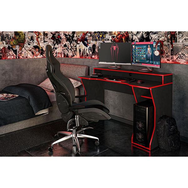 Mesa para Computador Gamer Politorno Fremont com 1 Nicho e 1 Prateleira Preto com Vermelho