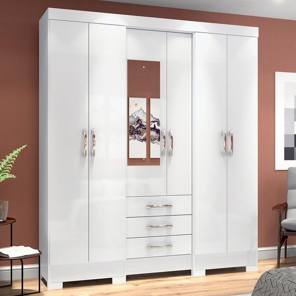 Guarda-Roupa Henn Hera com 6 Portas 3 Gavetas e 6 Prateleiras Branco Guarda-Roupa Henn Hera com 6 Portas 3 Gavetas e 6 Prateleiras Branco