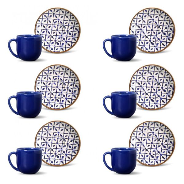 Conjunto de Xícaras de Café Porto Brasil Coup Asteca em Faiança Feldspática 112 ml 6 Peças Azul com Estampado Conjunto de Xícaras de Café Porto Brasil Coup Asteca em Faiança Feldspática 112 ml 6 Peças Azul com Estampado