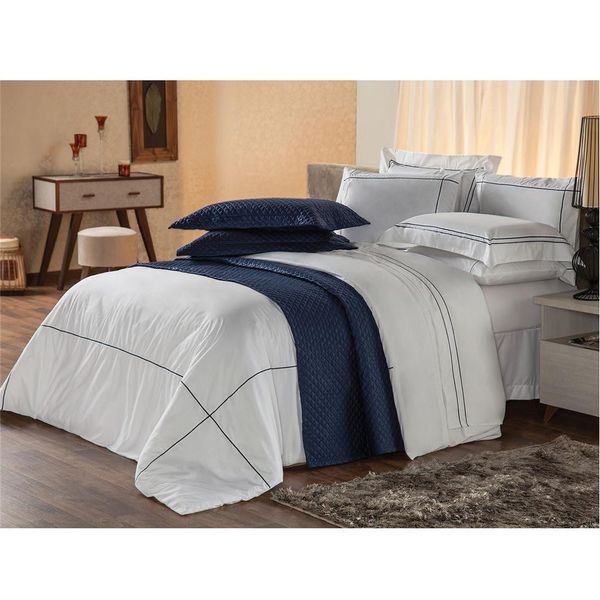 Jogo de Cama King Plumasul Harmonious 230 Fios com 4 Peças Branco com Azul Jogo de Cama King Plumasul Harmonious 230 Fios com 4 Peças Branco com Azul