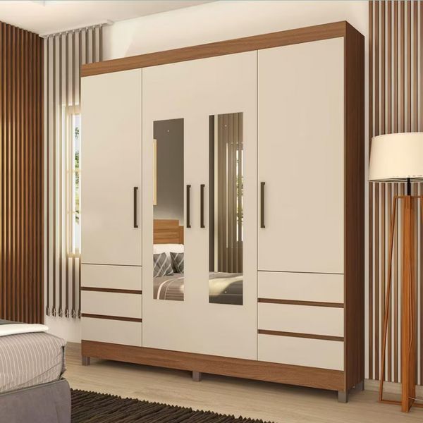 Guarda-Roupa Casal Demóbile Mônaco 4 Portas 6 Gavetas com Espelho 195cm Amendôla com Off White