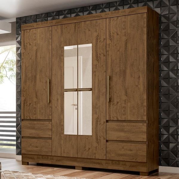 Guarda-Roupa Moval Roma com Espelho 4 Portas e 4 Gavetas Castanho Wood Guarda-Roupa Moval Roma com Espelho 4 Portas e 4 Gavetas Castanho Wood