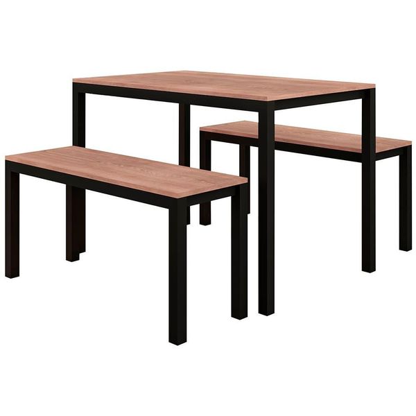 Mesa de Jantar Conceito com 2 Bancos Fabone Preto com Nogueira Mesa de Jantar Conceito com 2 Bancos Fabone Preto com Nogueira