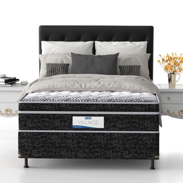 Cama Box de Casal Probel Village D28 com Molas Pocket e Pillow Euro 68x138x188cm Branco com Preto