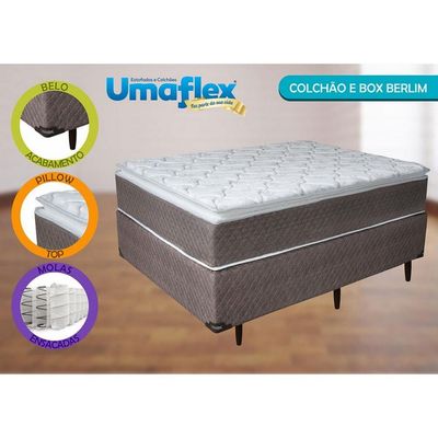 Cama Box Casal Umaflex Berlim Pillow Top e Molas Ensacadas Castor com Branco