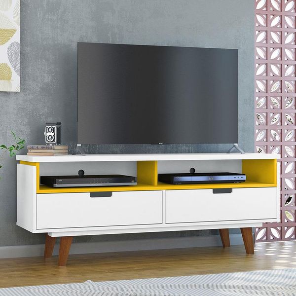 Rack Olivar Móveis Leblon para TV de até 43 Polegadas Branco com Amarelo Rack Olivar Móveis Leblon para TV de até 43 Polegadas Branco com Amarelo