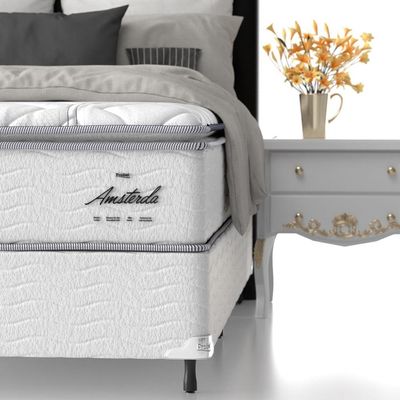 Cama Box Casal Amsterdã com Pillow Top e Molas Ensacadas 68x138x188cm Probel Branco e Preto