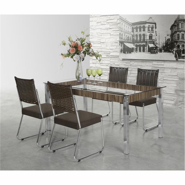 Mesa de Jantar com 4 Cadeiras Aço Nobre Cláudia Cromado com Marrom Mesa de Jantar com 4 Cadeiras Aço Nobre Cláudia Cromado com Marrom