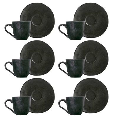 Conjunto com 6 Xícaras e Pires para Café Porto Brasil Carbon em Stoneware - 120 ml Preto