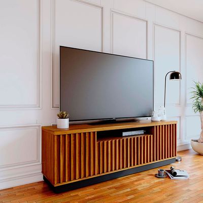 Rack Colibri Amazonas com 4 Portas, Ideal para TV de Até 70 Polegadas Noce Milano com Preto Fosco e Calacatta
