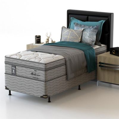 Cama Box Solteiro Probel Alabama com Euro Pillow e Molas Ensacadas 68x88x188 cm Branco com Cinza