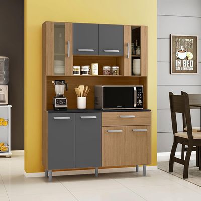 Cozinha Compacta Poliman Gabi com 8 Portas, 1 Gaveta e 1 Prateleira 120cm de Largura Carvalho com Grafite
