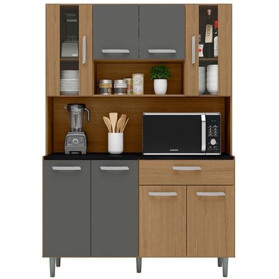 Cozinha Compacta Poliman Gabi com 8 Portas, 1 Gaveta e 1 Prateleira 120cm de Largura Carvalho com Grafite