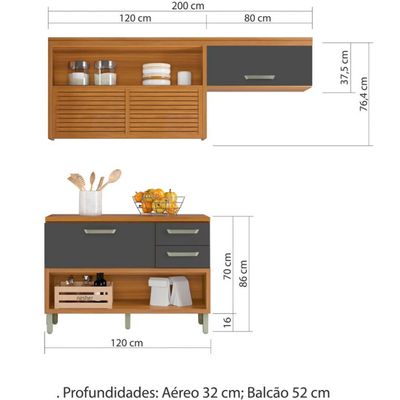 Cozinha Compacta em MDF Nesher Princesa com 3 Portas, 6 Prateleiras e 2 Gavetas Freijo e Grafite