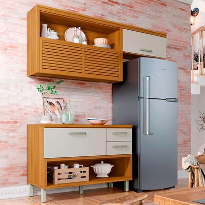 Cozinha Compacta em MDF Nesher Princesa com 3 Portas, 6 Prateleiras e 2 Gavetas Freijo e Off White